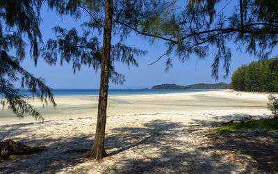 Scenic view of sea against clear blue sky