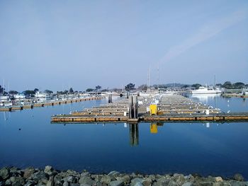 View of marina against clear sky