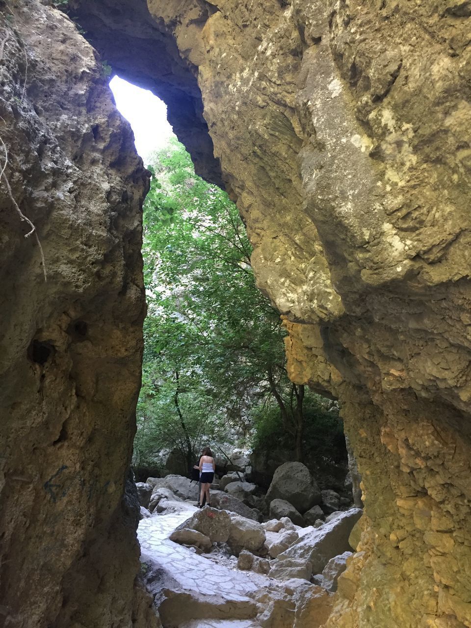 REAR VIEW OF MAN ON ROCK FORMATION