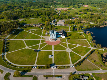 Beautiful aerial view of the white chatolic church basilica in latvia, aglona.