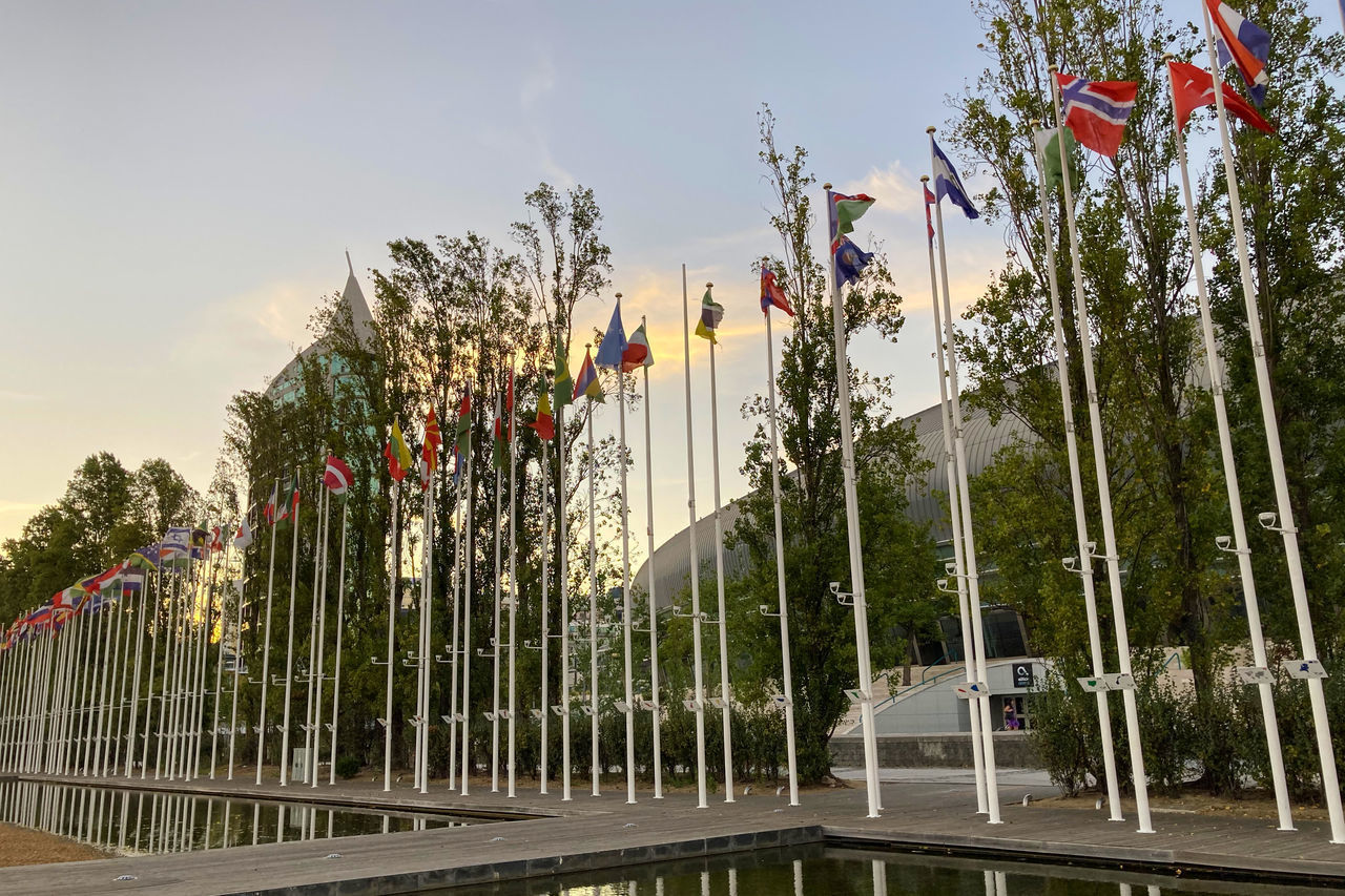 LOW ANGLE VIEW OF FLAGS AGAINST SKY