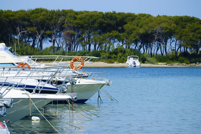 Boats moored on sea against sky