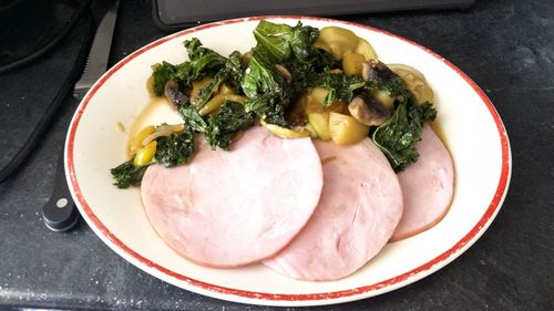 High angle view of food in plate on table