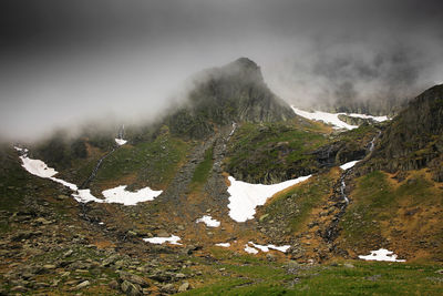 Scenic view of mountains against sky during winter