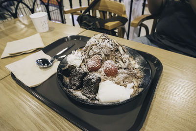 High angle view of dessert in plate on table