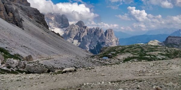 Scenic view from lavaredo mountains against sky