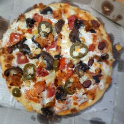 High angle view of pizza on table