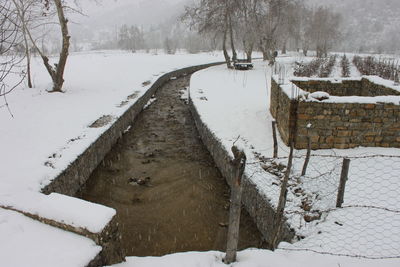 Snow covered field by trees during winter