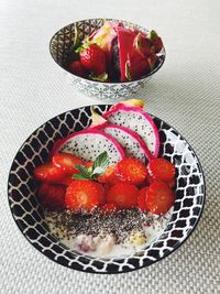 High angle view of strawberries in plate on table