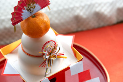 High angle view of dessert on table