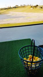 Yellow fruit in basket on field against sky