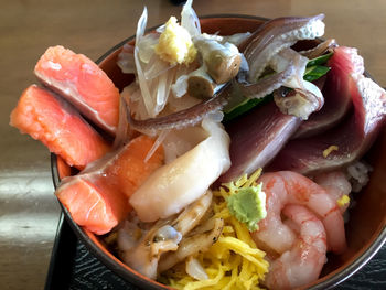 High angle view of seafood served in bowl