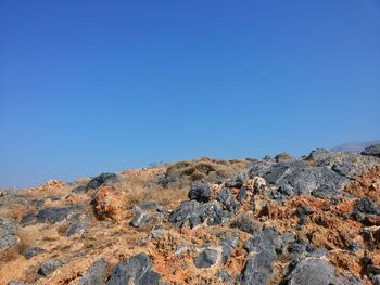 Rocky field at desert against clear blue sky