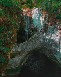 Water flowing through rocks in forest