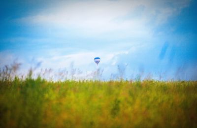 Hot air balloon flying over field against blue sky