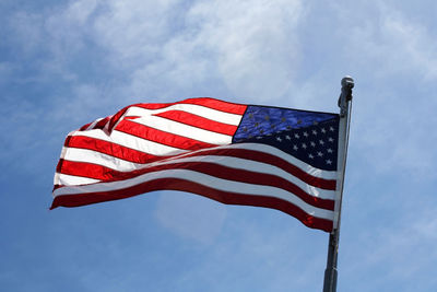 Low angle view of flag flags against sky