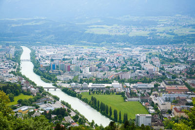 High angle view of buildings in city