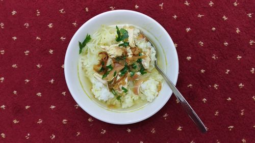 High angle view of soup in bowl on table