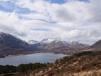 Scenic view of mountains against cloudy sky