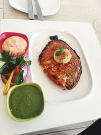 High angle view of food in plate on table