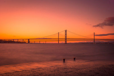 Suspension bridge over river during sunset