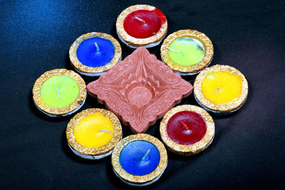 High angle view of cupcakes on table