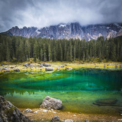 Scenic view of lake by mountains against sky