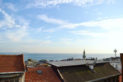 Scenic view of sea against sky in city