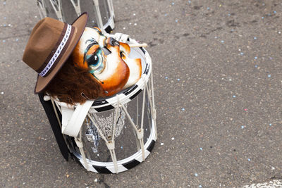 Basel, switzerland - february 28th 2023. close-up of a carnival mask and snare drum