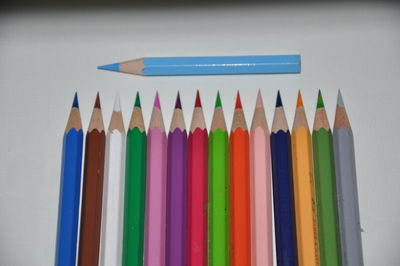 Close-up of colored pencils against white background