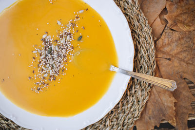 Directly above shot of soup in bowl