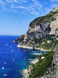 Scenic view of sea and rocks against blue sky