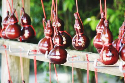 Religious offerings hanging from rack at temple