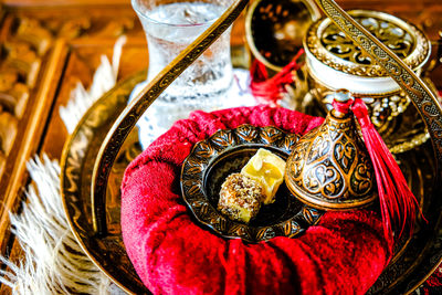Turkish coffee and tea set in colorful traditional housewares in turkish theme coffee cafe