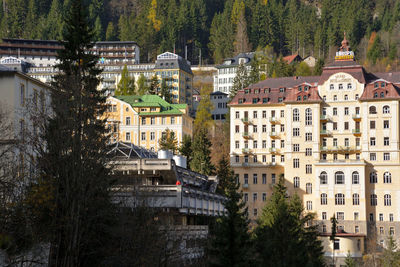 High angle view of townscape and trees in town