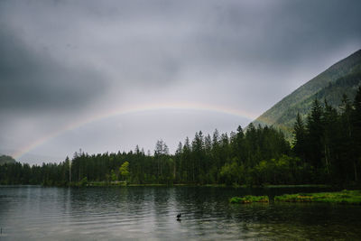 Scenic view of rainbow over lake against sky