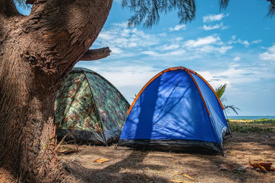 A variety of tent camping colors, camping at the sea, on the beach, good atmosphere.