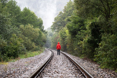 Rear view of person walking on railroad track