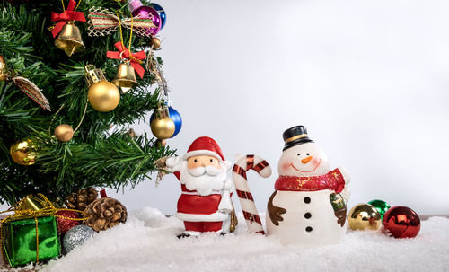 Close-up of christmas decorations against white background