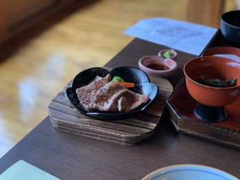 High angle view of breakfast on table