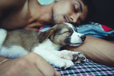 Midsection of woman with dog on bed