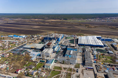 The aerial view of the destroyed and burnt buildings.
