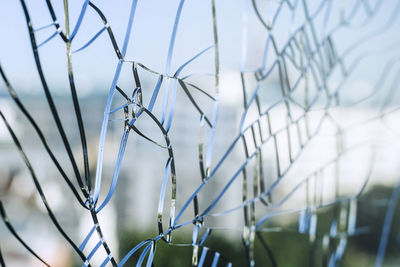 Close-up of metal fence against sky