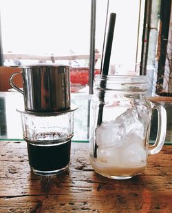 Close-up of drink in jar on table
