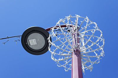 Low angle view of security camera against clear blue sky