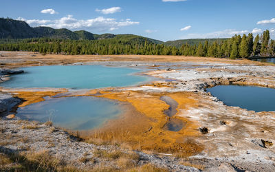 Beautiful black opal pool amidst geothermal landscape at yellowstone park