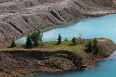 High angle view of rocks in lake