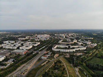 High angle view of buildings against sky