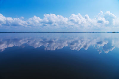 Reflection of clouds in lake against blue sky