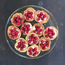 High angle view of strawberries in bowl on table